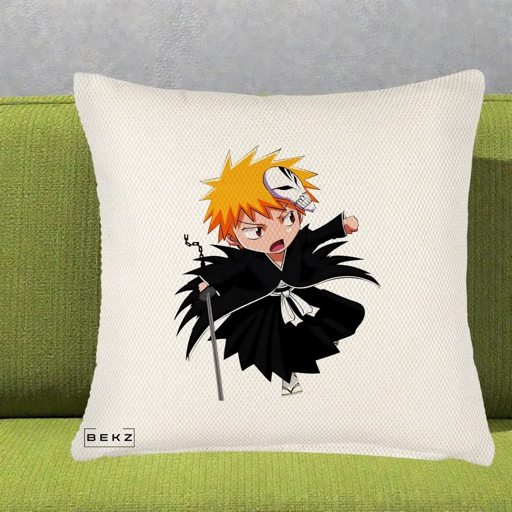 Perna Personalizata Bleach Ichigo Chibi cu Masca, 40x40 cm, Crem Reliefat, Husa Detasabila, Perna Inclusa, BEKZ®