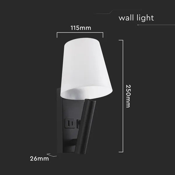 Lampă de perete LED cu port USB, 2W, 230V, 3000K, negru/alb