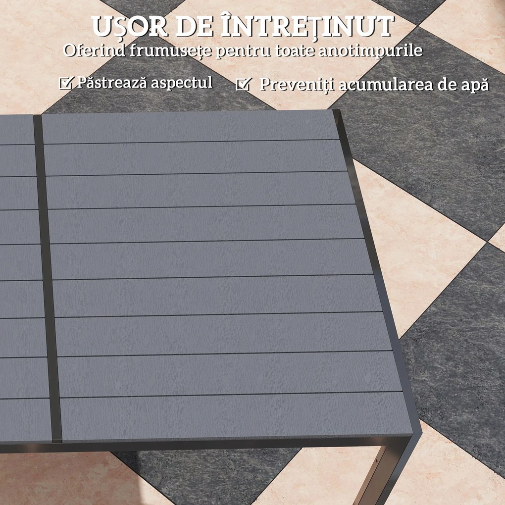 Outsunny Set Masă de Grădină cu Scaune, 7 Piese, Set de Prânz cu Masă cu Blat din Lemn Compozit cu Șipci și 6 Scaune de Exterior Stivuibile, Mobilier din Oțel cu Texteline, Gri și Negru | Aosom Romania