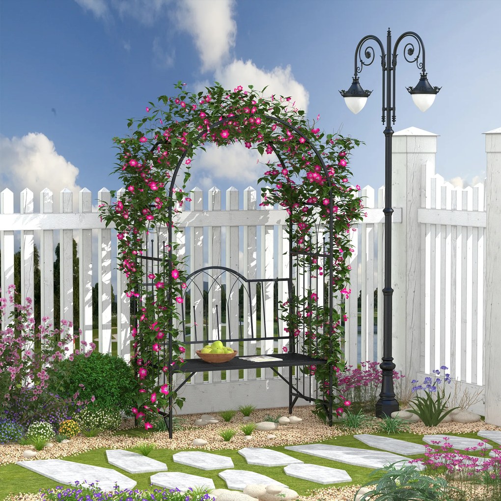Outsunny Bancuta de Gradina cu Arc, 2 Locuri, cu Bolta pentru Flori Suspendate, Design Elegant, Rezistent la Intemperii, Negru | Aosom Romania