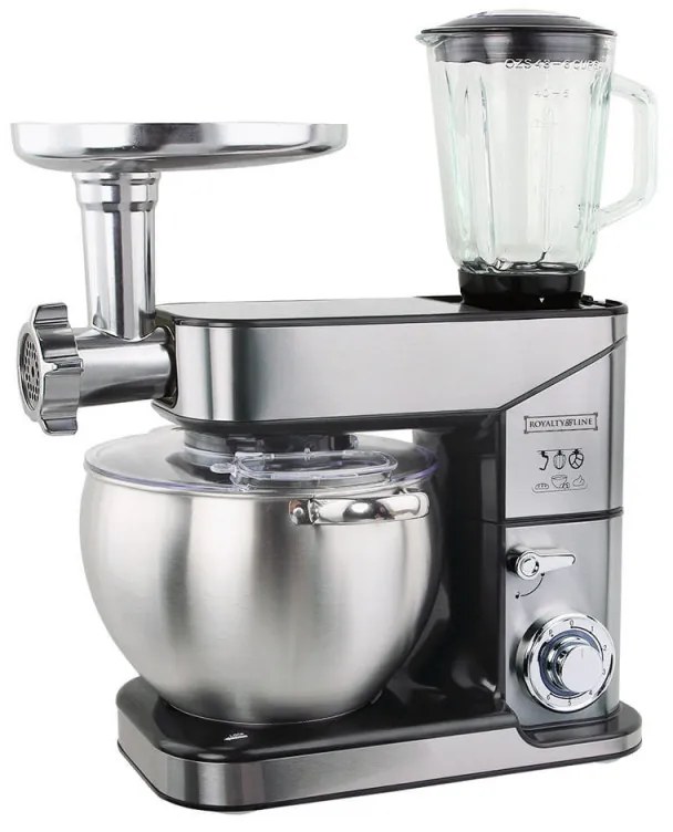 Robot de bucatarie cu bol din otel inoxidabil Royalty Line RL-PKM2500BG, Metal, 2500W Max, 10 litri, Blender, Mixer, Tocat carne, Inox