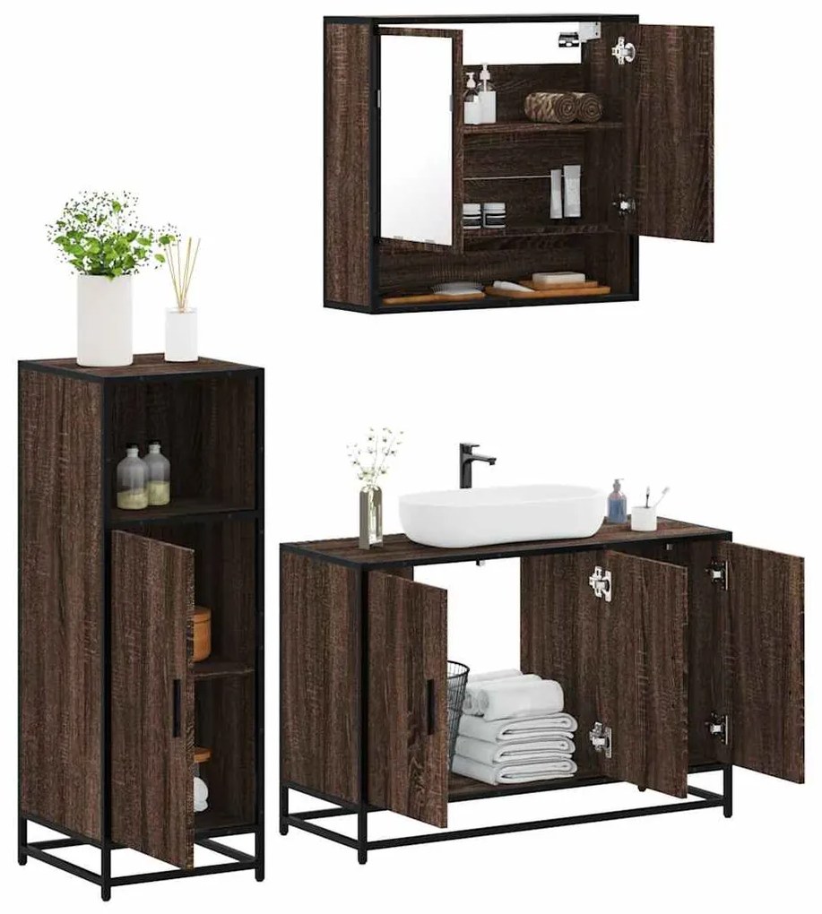 vidaXL Set mobilier de baie, 3 piese, stejar maro, lemn prelucrat