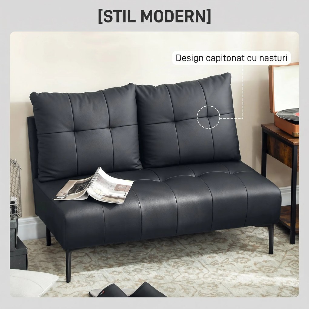 HOMCOM Divan cu Două Locuri Compact din Piele Sintetică, Divan Modern Capitonat cu Nasturi cu Îmbunătățire Spumoasă și Picioare din Lemn, Canapea Fără Brațe pentru Sufragerie și Birou, 115x73x83 cm, Negru | Aosom Romania