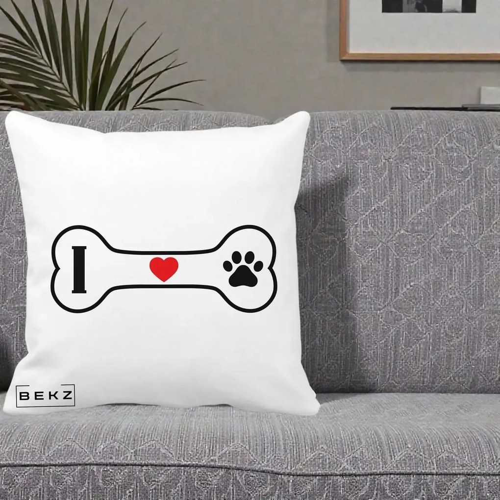 Perna Personalizata I Love Dog Os si Labuta, 40x40 cm, Alba Mata, Husa Detasabila, Perna Inclusa, BEKZ®