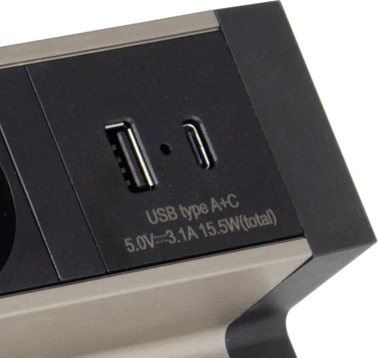 Priza pentru birou Desk Box Design Light, 3 prize Schuko, USB A + C, otel periat   negru, 244 x 75 mm Aluminiu Plastic, Otel periat Negru, L:244 mm; l