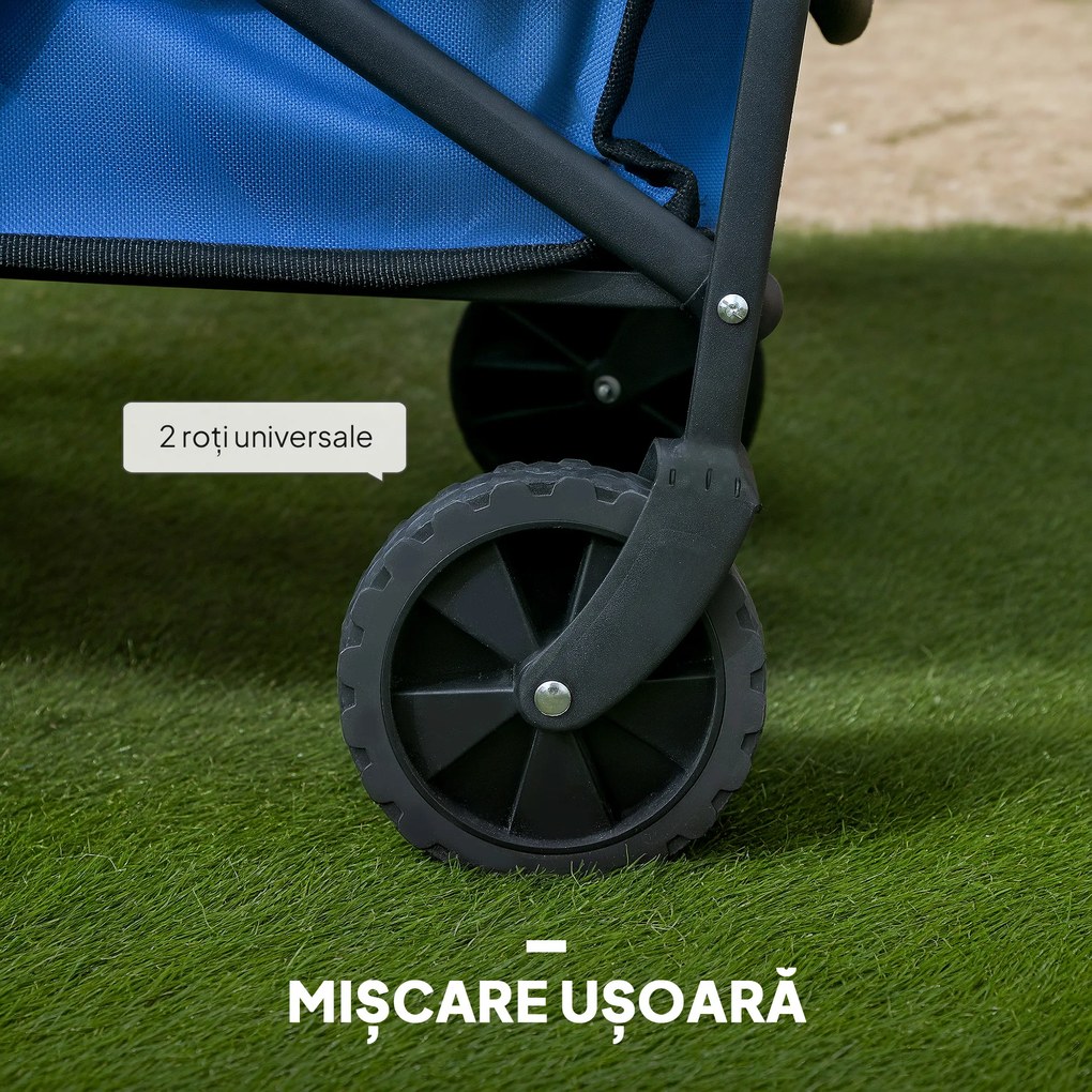Outsunny Trolley de 62L pentru Festivaluri pe Roți, Cărucior de Grădină Pliabil, Wagon Compact cu Capacitate 120kg, Mâner Reglabil și Geantă pentru Plajă, Camping, Festivaluri, Albastru | Aosom Romania