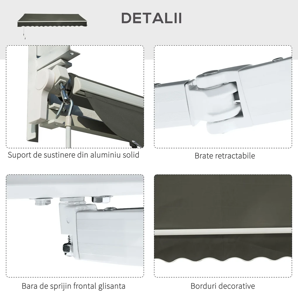 Outsunny Copertina Soare de Exterior cu Brate 3.5x2.5m Reglare cu Manivela, Metal si Poliester Gri