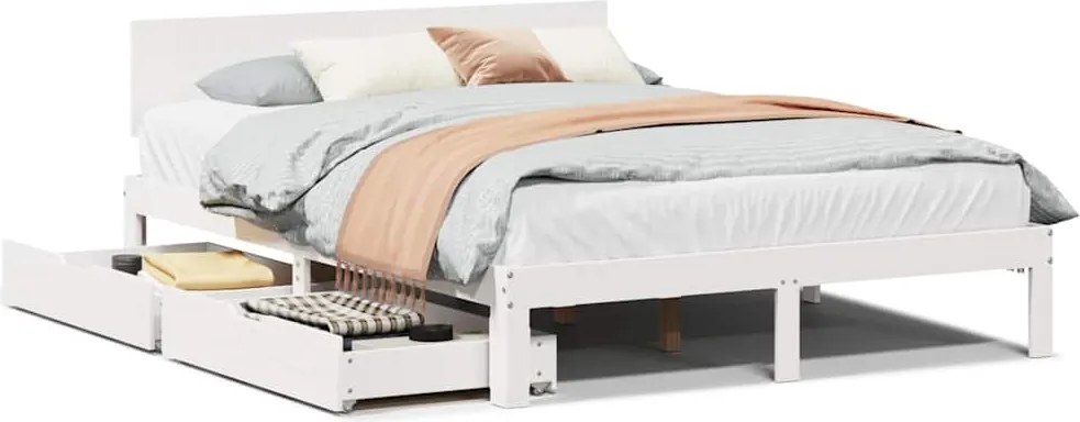 vidaXL Cadru pat cu sertare, 140x200 cm, alb, lemn masiv pin