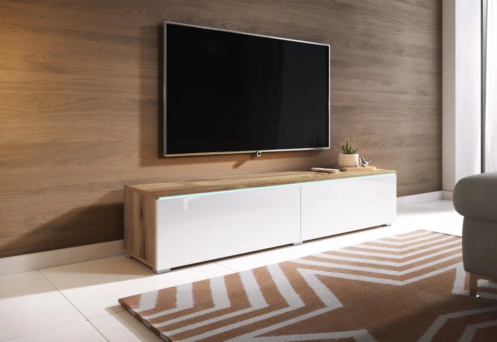 Supermobel Comoda TV LOWBOARD D 180, 180x30x32, stejar wotan/alb luciu + LED