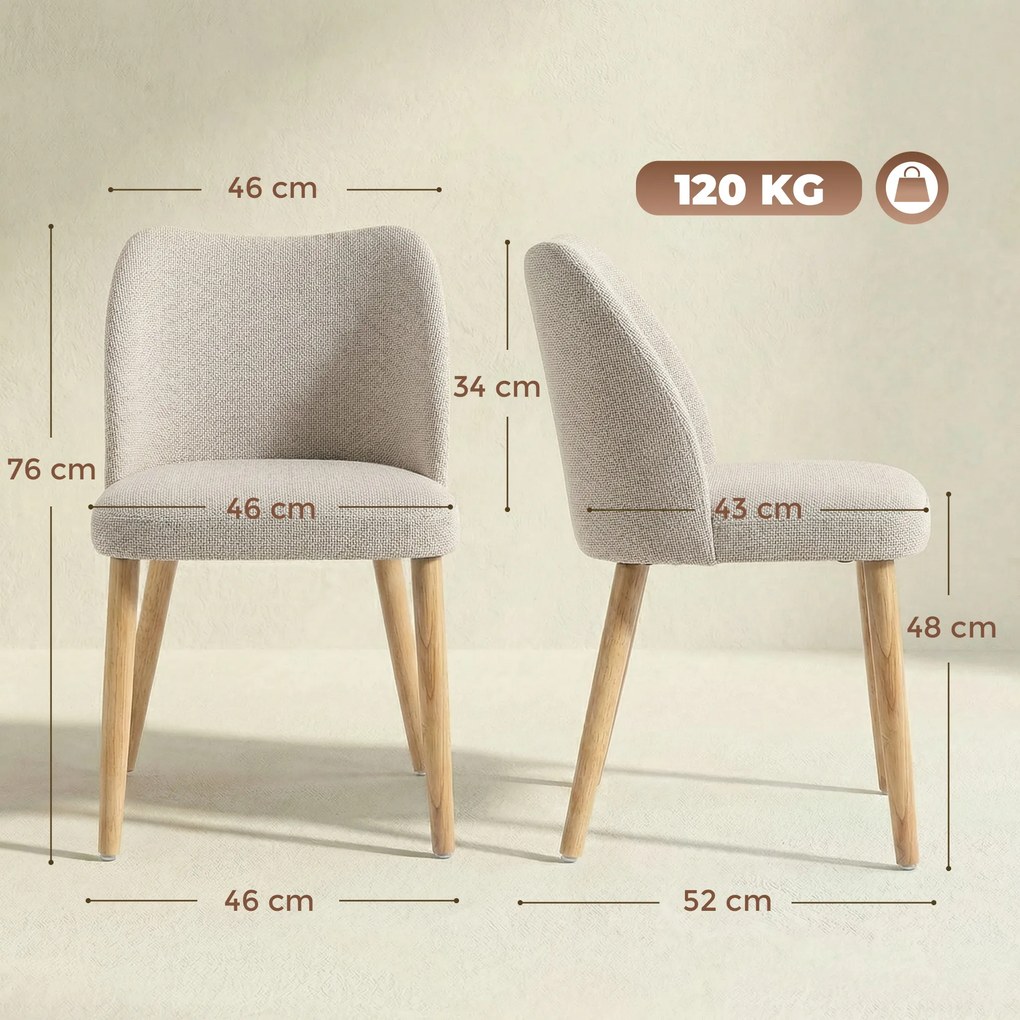 HOMCOM Set de 2 Scaune de Masă Moderne, Scaune de Bucătărie cu Tapițerie din In, Șezut Imbătut, Spătar Curbat, Picioare din Lemn de Cauciuc, Ușor de Asamblat, Alb Crem | Aosom Romania