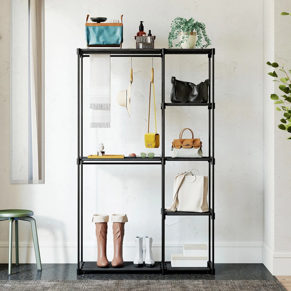 HOMCOM Dulap portabil pentru haine din țesătură neagră cu 2 bare și 6 rafturi | Aosom Romania