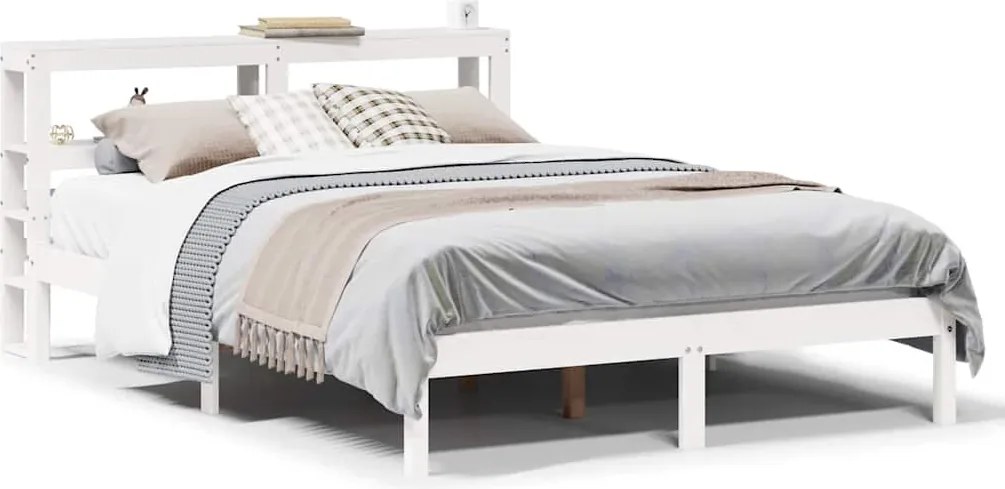 vidaXL Cadru de pat fără saltea, alb, 135x190 cm, lemn masiv de pin