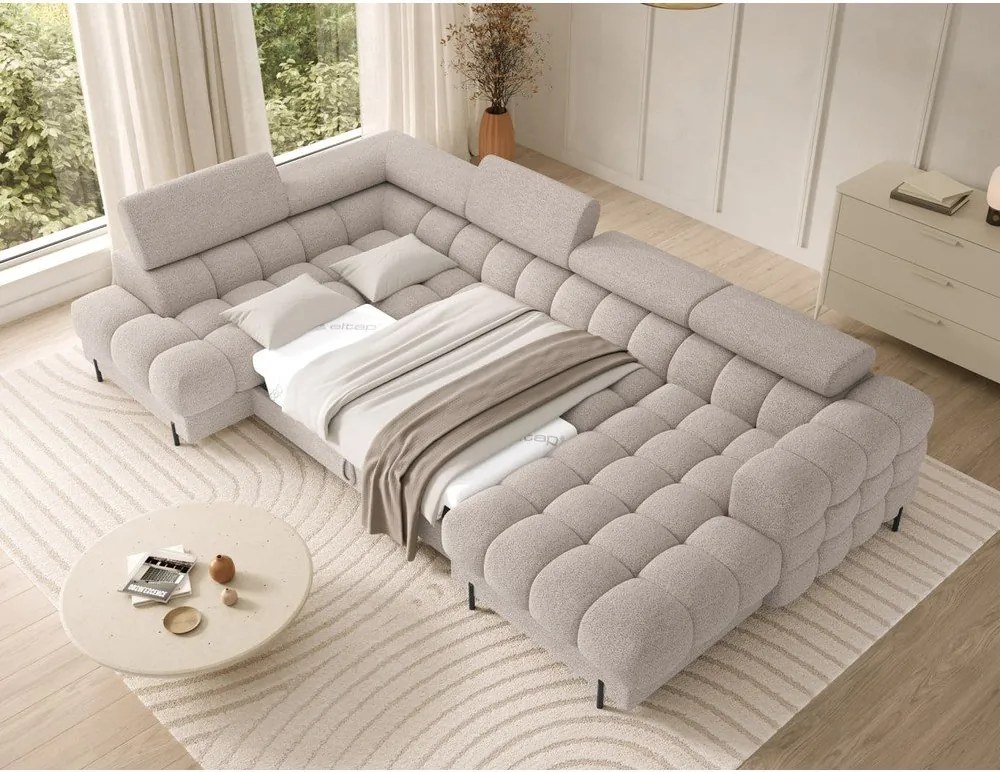 Colțar bej extensibil cu tapițerie din țesătură bouclé (cu colț pe partea stângă/în formă de "U") Feraria – ELTAP