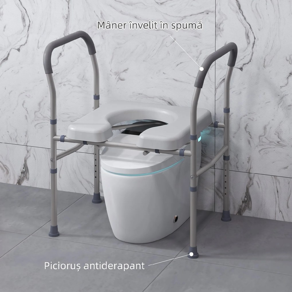 HOMCOM Scaun cu Vas de Toaletă pentru Vârstnici, Scaun de Toaletă Multifuncțional 4-În-1 cu Înălțime Reglabilă, 64x53x70-82 cm, Gri | Aosom Romania
