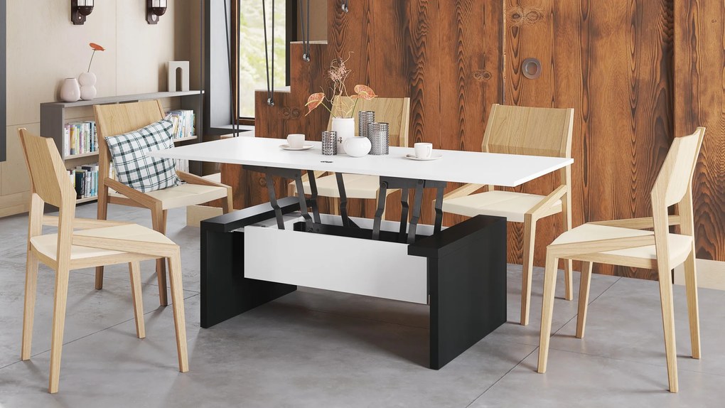 Mazzoni SPACE Alb/Negru - MĂSUȚĂ EXTENSIBILĂ CU RIDICAREA BLATULUI MĂSUȚĂ DE CAFEA
