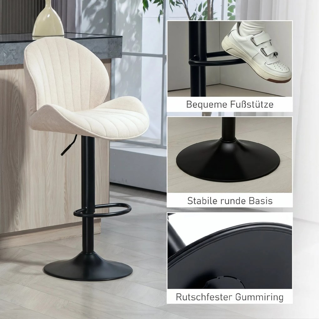 HOMCOM Set de 2 Scaune de Bar cu Suport pentru Picioare, din Țesătură cu Efect de Cinilie, 48x50x94-115 cm, Negru și Bej | Aosom Romania
