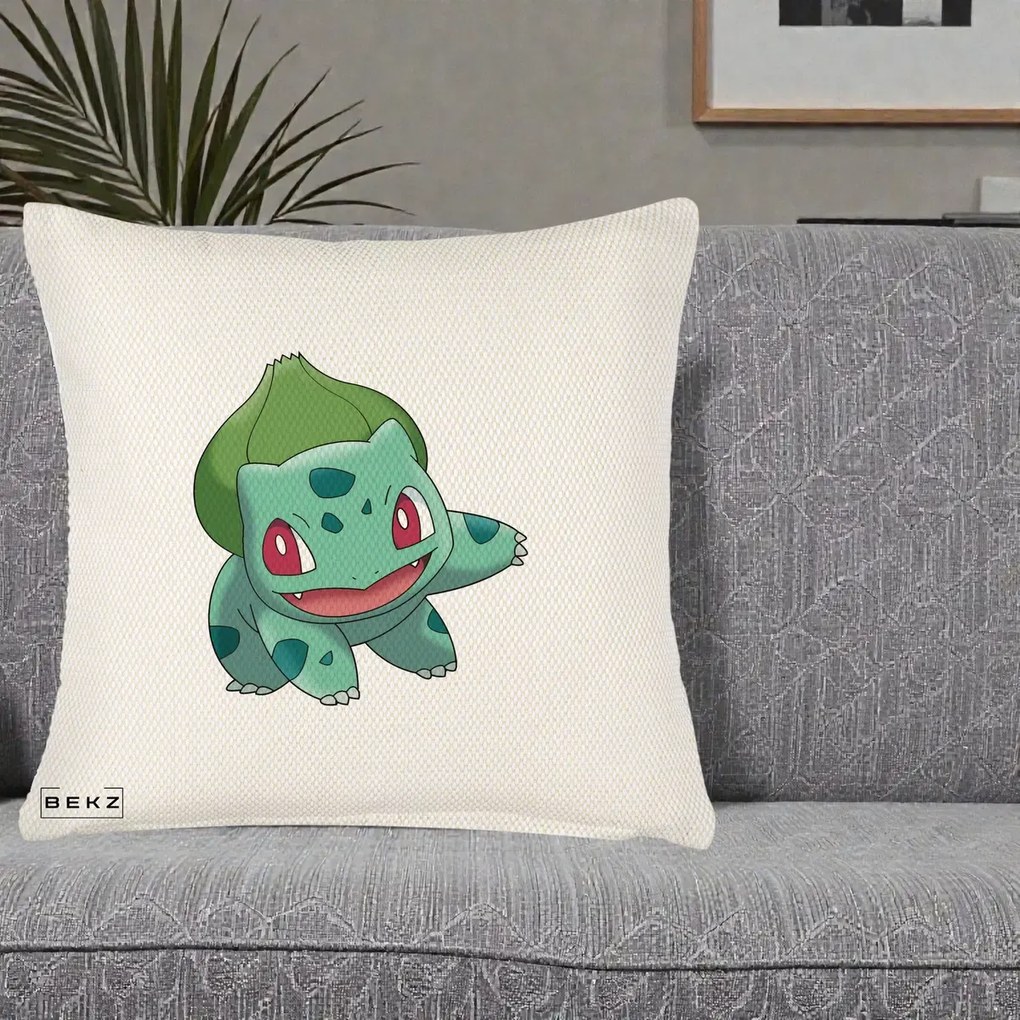 Perna Personalizata Bulbasaur Pokemon, 40x40 cm, Crem Reliefat, Husa Detasabila, Perna Inclusa, BEKZ®