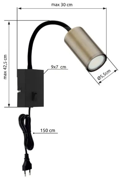 Lampă de perete flexibilă ROBBY 1xGU10/25W/230V neagră/alamă Globo 57911WM