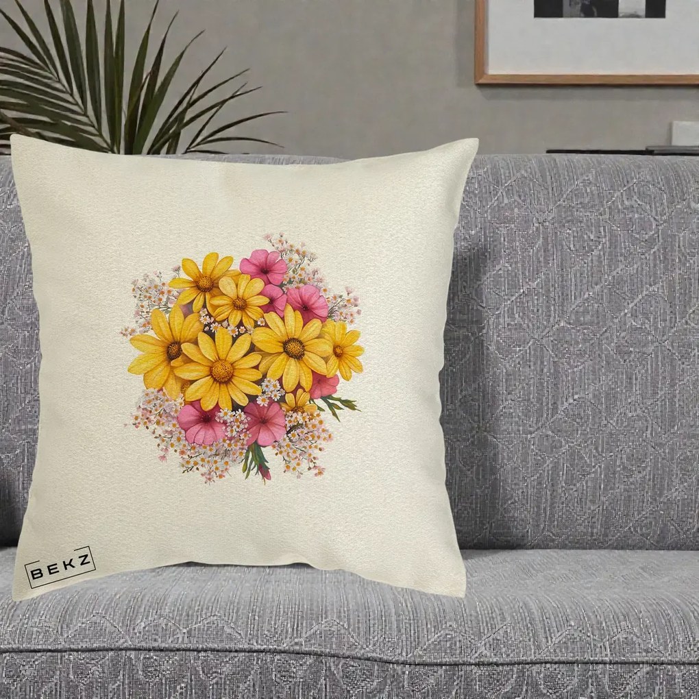 Perna Decorativa Floarea-Soarelui cu Cosmos Roz si Gypsophila, 40x40 cm, Ecru, Husa Detasabila, Perna Inclusa, BEKZ®