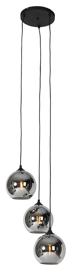 Lampă suspendată Art Deco neagră cu sticlă fumurie 3 lumini - Wallace