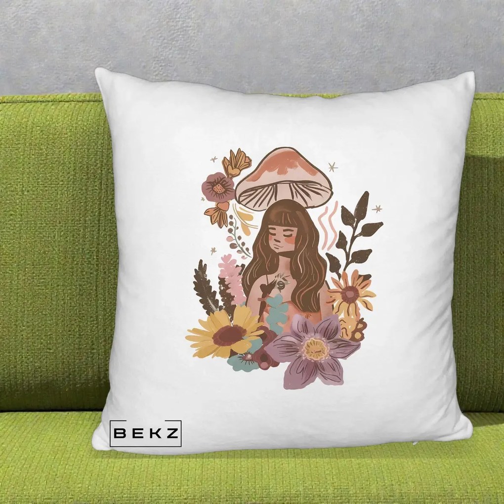 Perna Decorativa Fata Ciuperca Boho Florala, 40x40 cm, Alb Pufos, Husa Detasabila, Perna Inclusa, BEKZ®