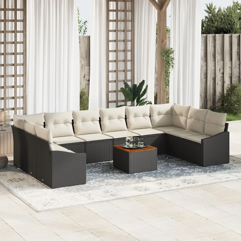 vidaXL Set de canapea de grădină 11 piese cu perne, rattan negru, acacia