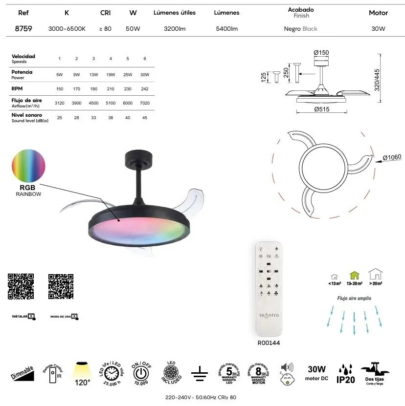 Lustra LED RGB CCT cu ventilator si telecomanda SIBERIA MA-8759