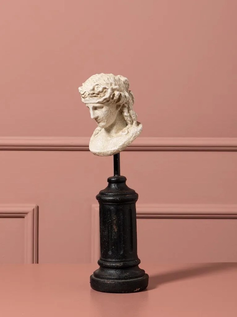 Sculptură decorativă bust de femeie din rășină natur, pe piedestal din lemn negru și tijă din metal, finisaj antichizat, 31 x 10 cm, „Livia”