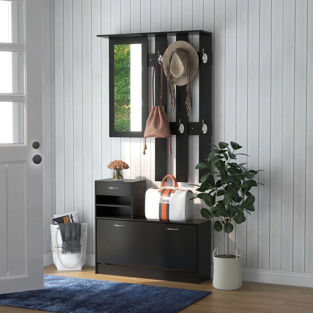 HOMCOM Dulap pentru Intrare Cuier cu Pantofar si Oglinda, Rafturi si Sertar, Dulap Cuier din PAL, 90x10x102 cm, Negru