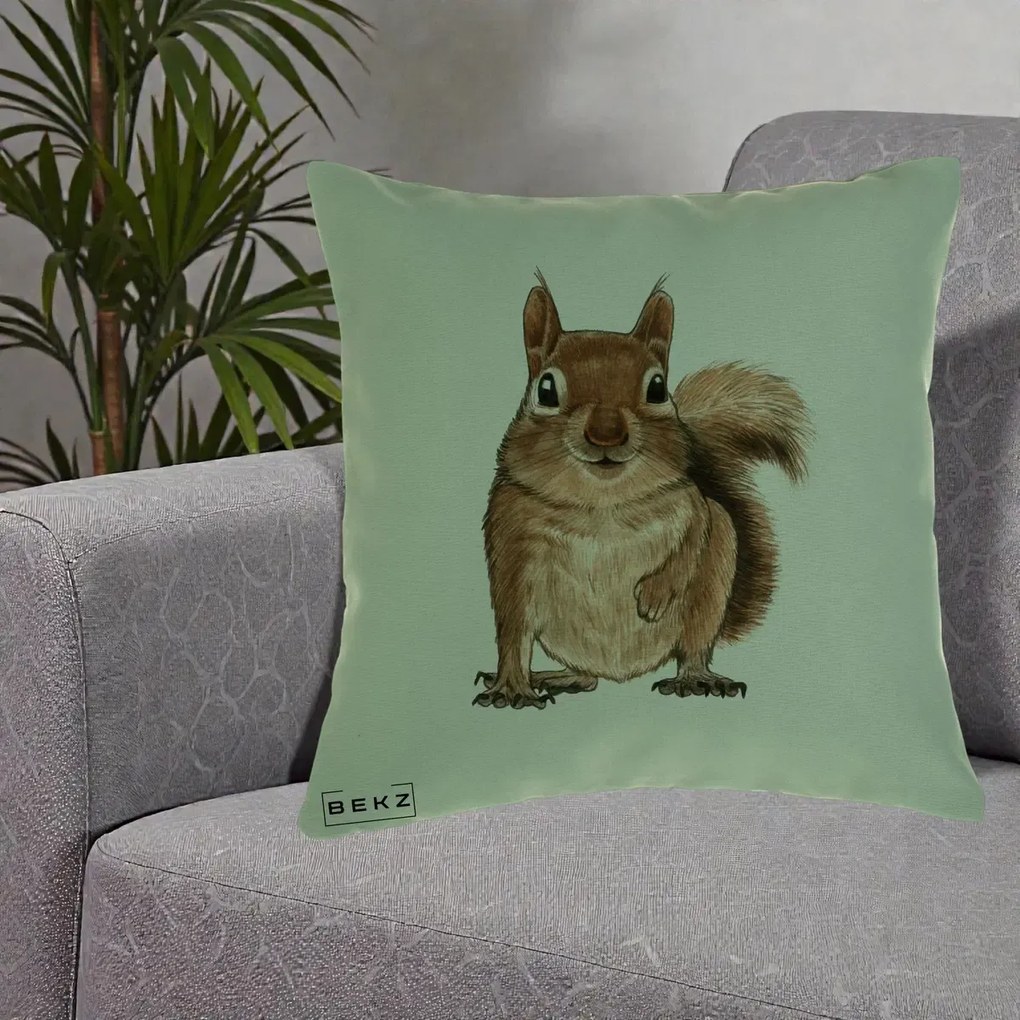 Perna Decorativa Veverita Acuarela, 40x40 cm, Verde, Husa Detasabila, Perna Inclusa, BEKZ®