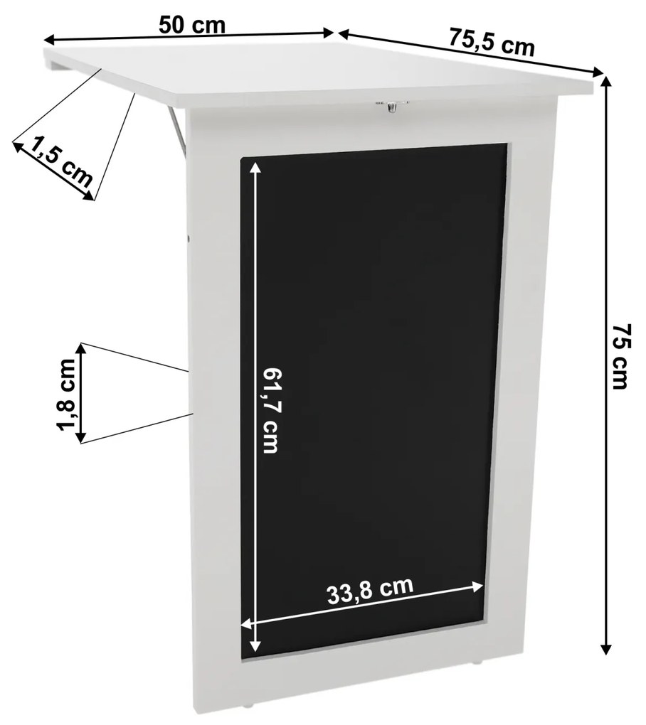 Masa plianta, de perete cu tabla de creta, alba, ZALMAN