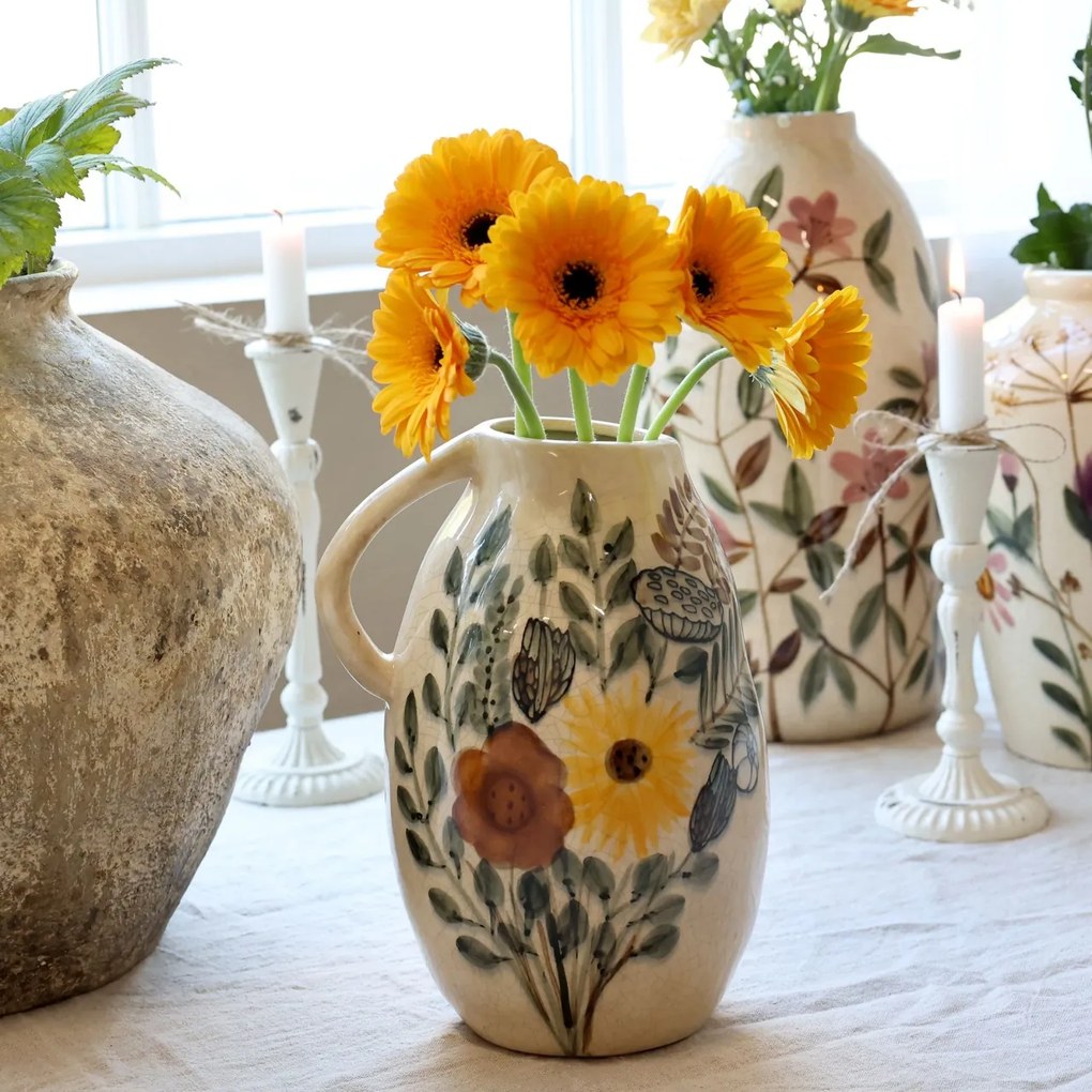 Carafă decorativă din ceramică cu motiv floral, H25/D17 cm, crem