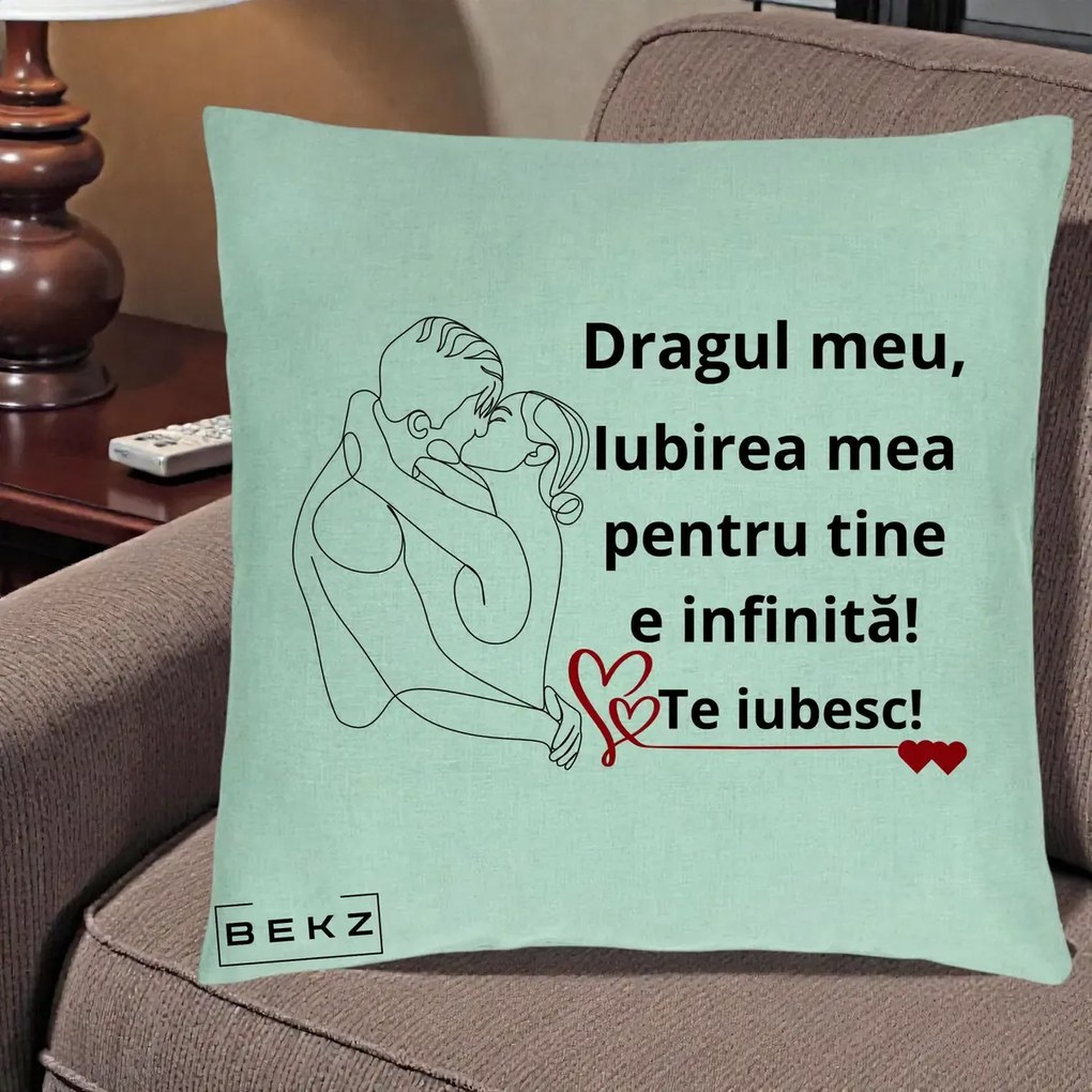 Cadou pentru Iubit - Perna Personalizata Dragul Meu Iubirea Mea pentru Tine e Infinita Te Iubesc, 40x40 cm, Verde Menta, Husa Detasabila, Perna Inclusa, BEKZ®