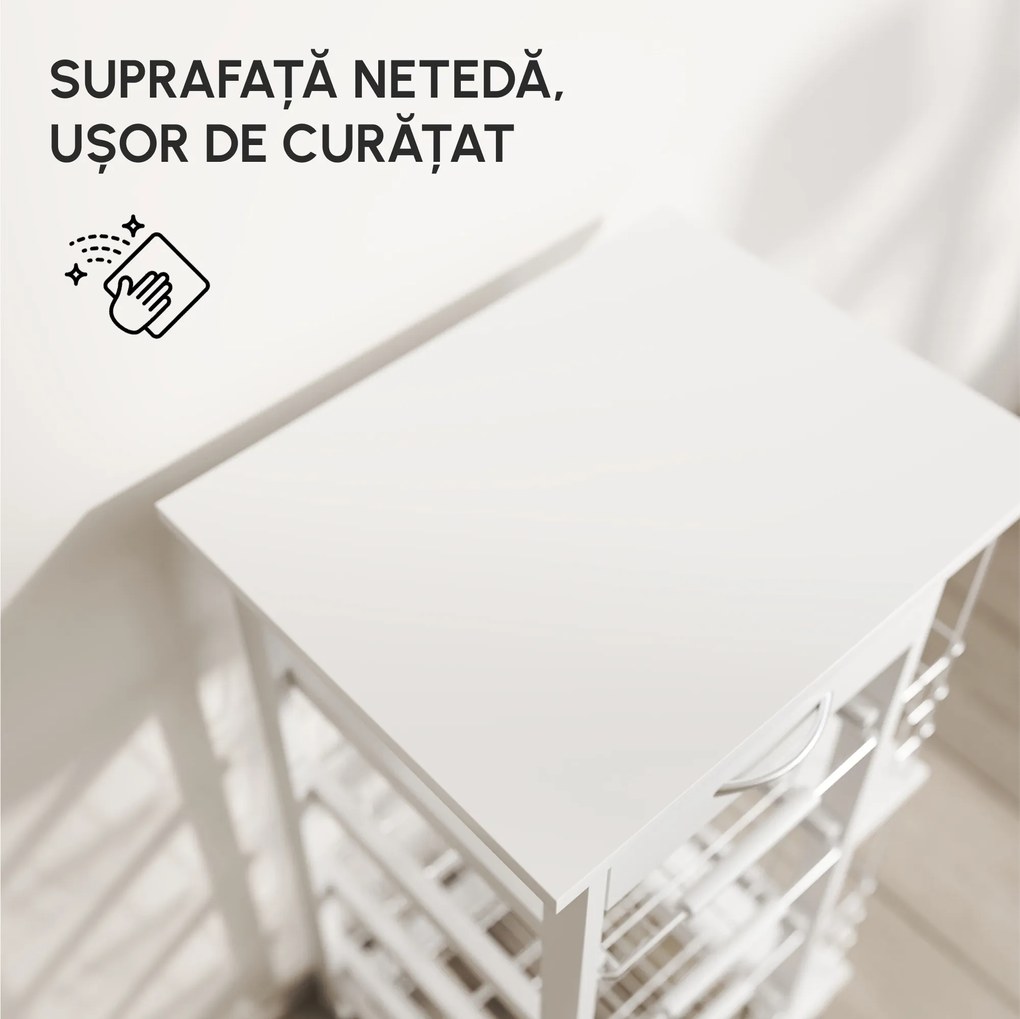 HOMCOM Cărucior de Bucătărie Alb, Dulap Depozitare, 1 Sertar, 2 Etajere, 4 Coșuri Detașabile, 47x37x83cm | Aosom Romania