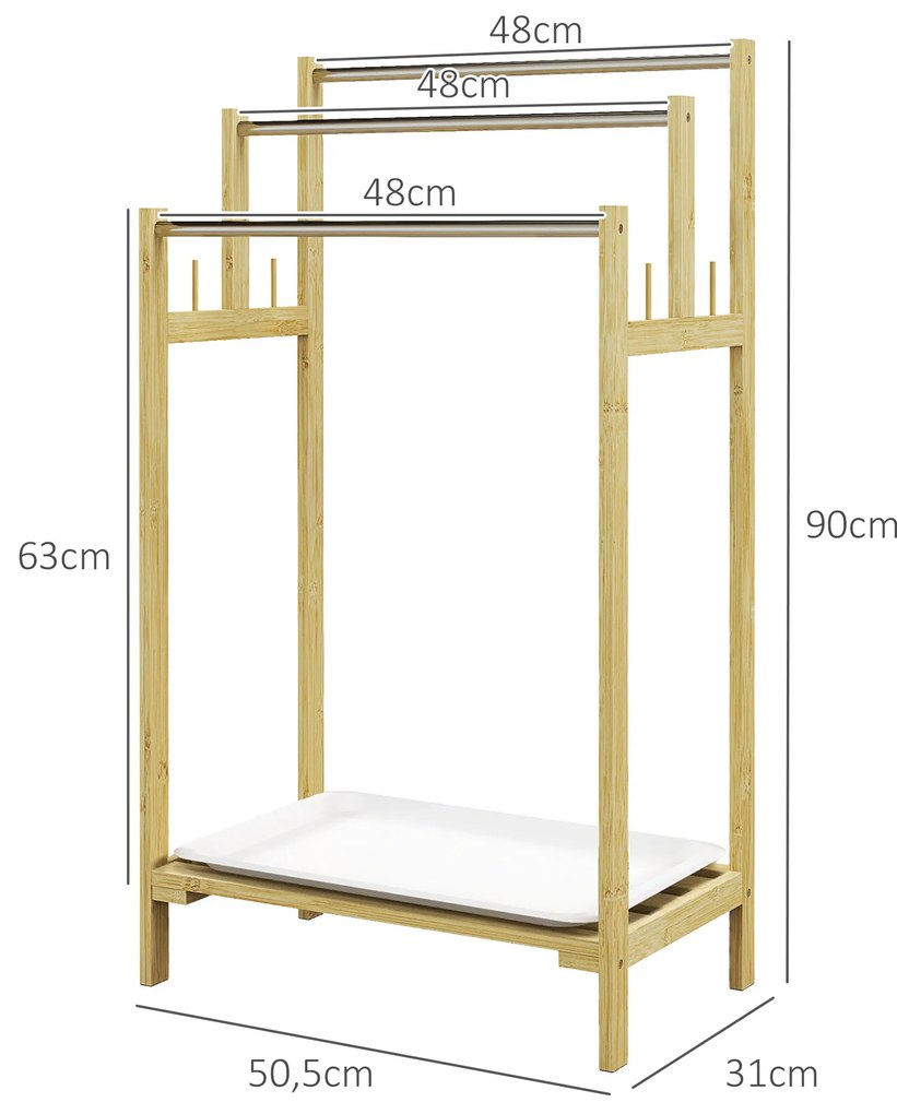 HOMCOM Suport de prosoape din bambus cu 3 bare, raft de depozitare, 4 cârlige și platou detașabil, 50,5Lx31Px90H cm natural | Aosom Romania