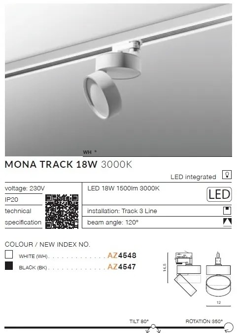 Spot LED directionabil pe sina Mona TRACK 3Line 18W 3000K alb