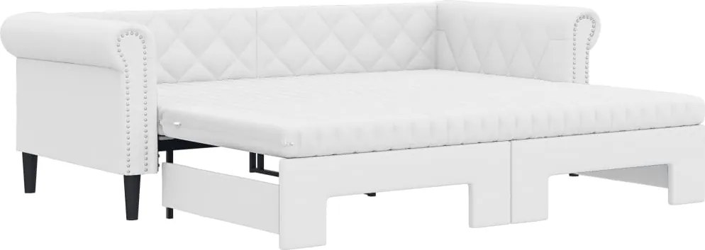 vidaXL Pat de zi cu extensie și saltele alb 90x200 cm piele ecologică