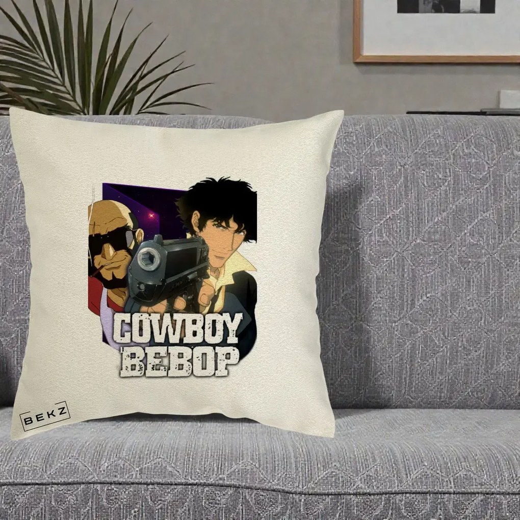 Perna Personalizata Cowboy Bebop Spike si Jet Poster, 40x40 cm, Ecru, Husa Detasabila, Perna Inclusa, BEKZ®