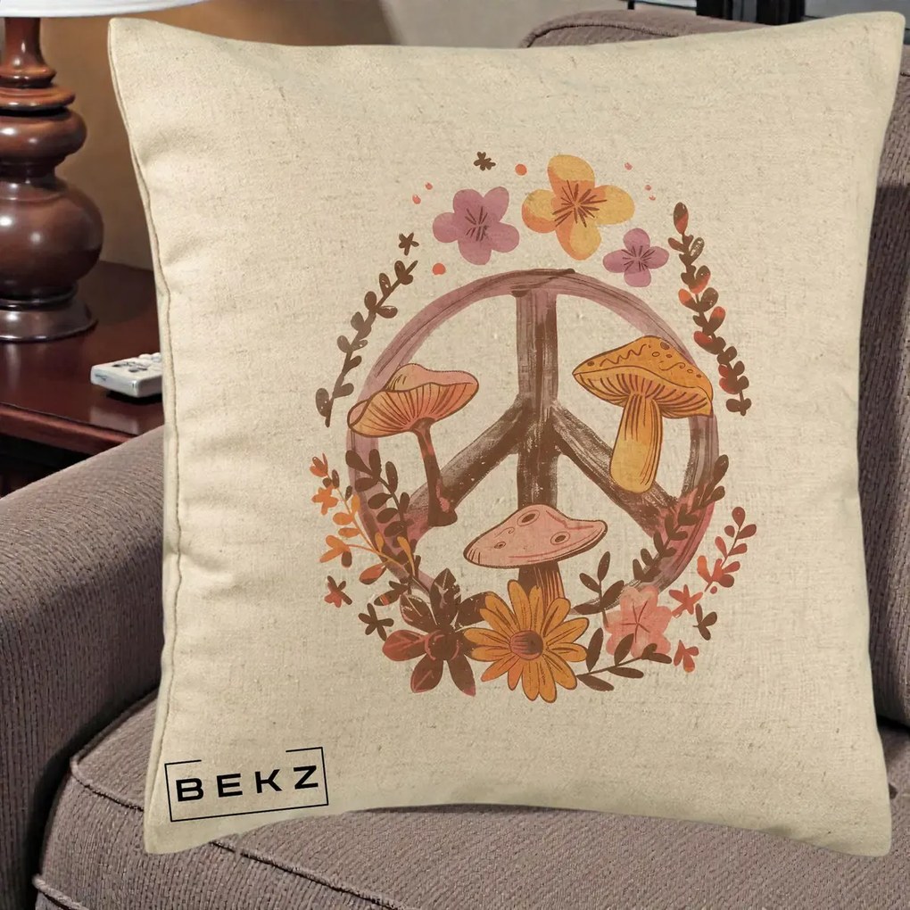 Perna Decorativa Peace Sign Ciuperci Floral, 40x40 cm, Bej, Husa Detasabila, Perna Inclusa, BEKZ®