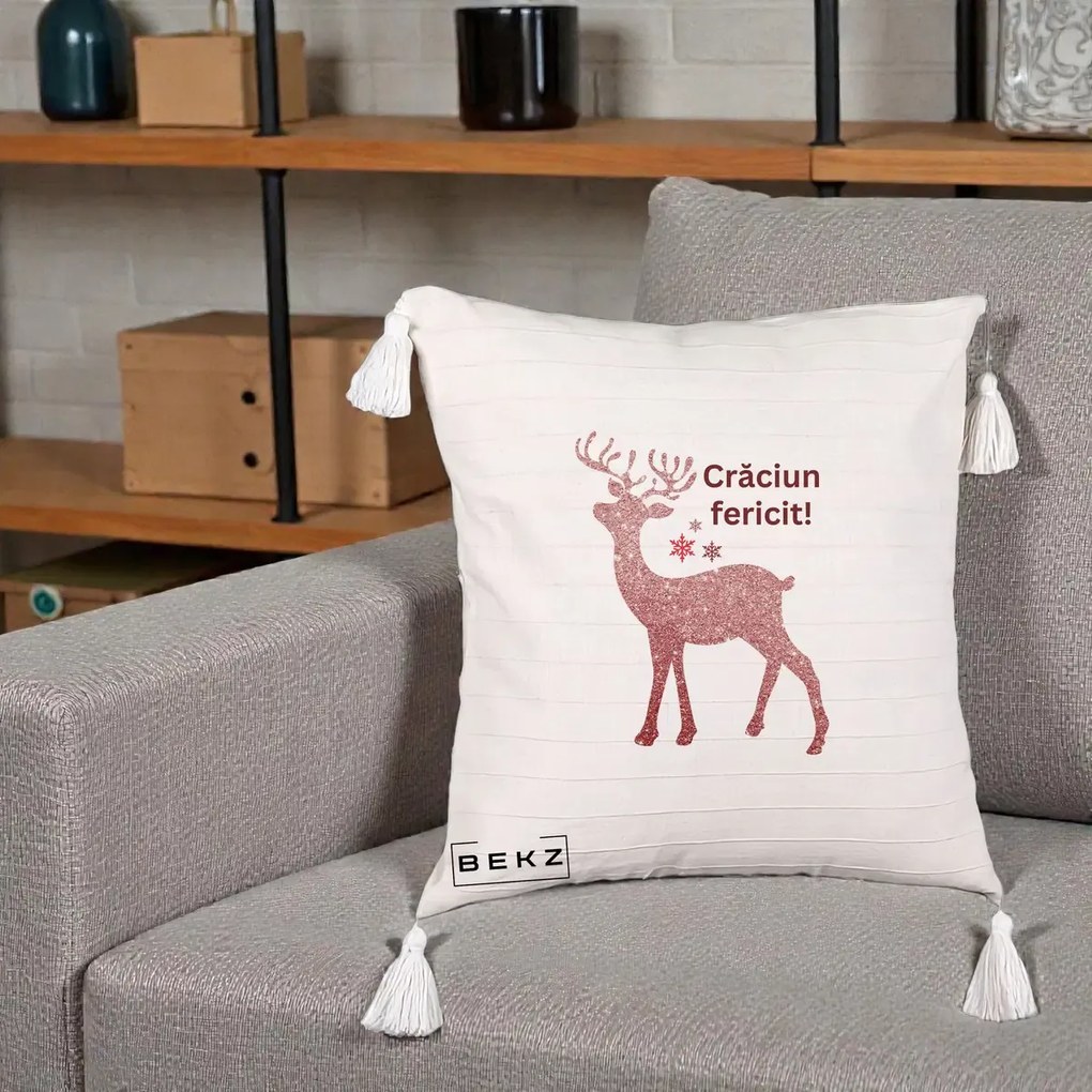 Perna Decorativa Ren Sclipitor Glitter Craciun Fericit, 40x40 cm, Bej cu Franjuri, Husa Detasabila, Perna Inclusa, BEKZ®