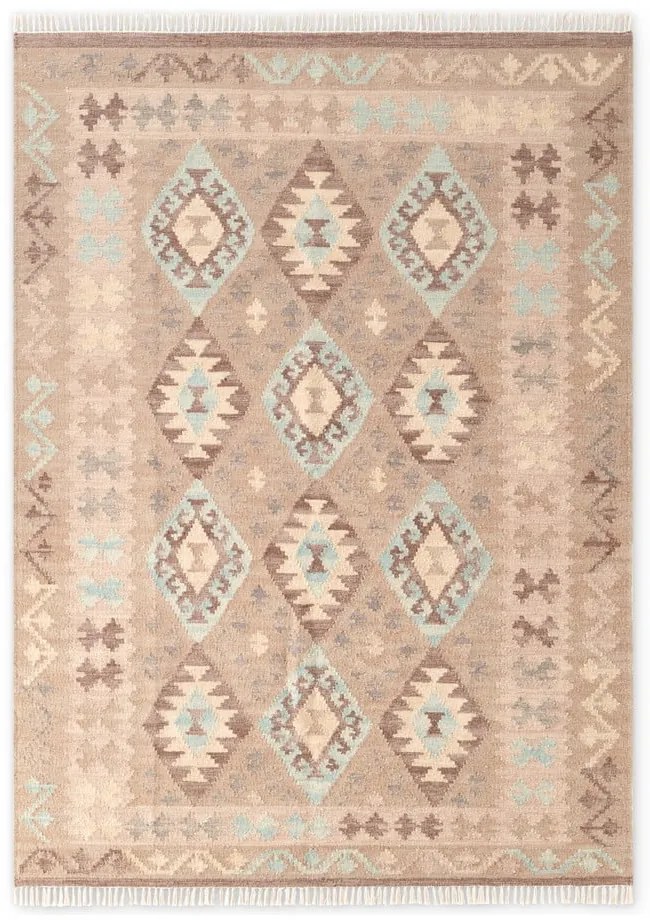 Covor albastru deschis-bej reversibil, țesut manual din lână 120x170 cm Kamal Dune – Nouristan