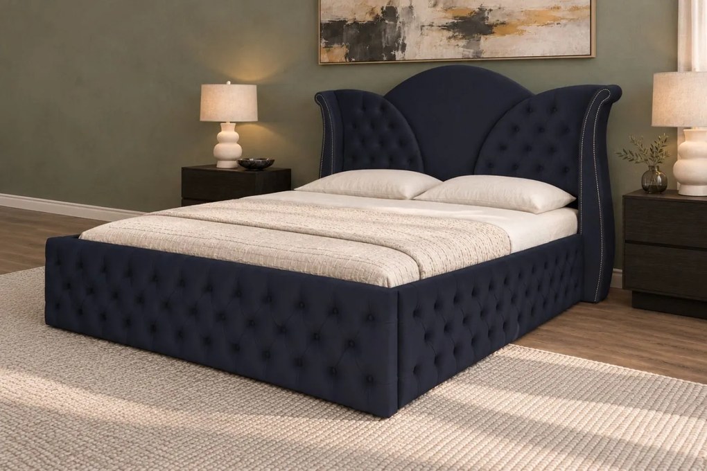 Pat tapițat Chesterfield din catifea Velora Deluxe Classic 140×200 cm, negru, cu ladă de depozitare