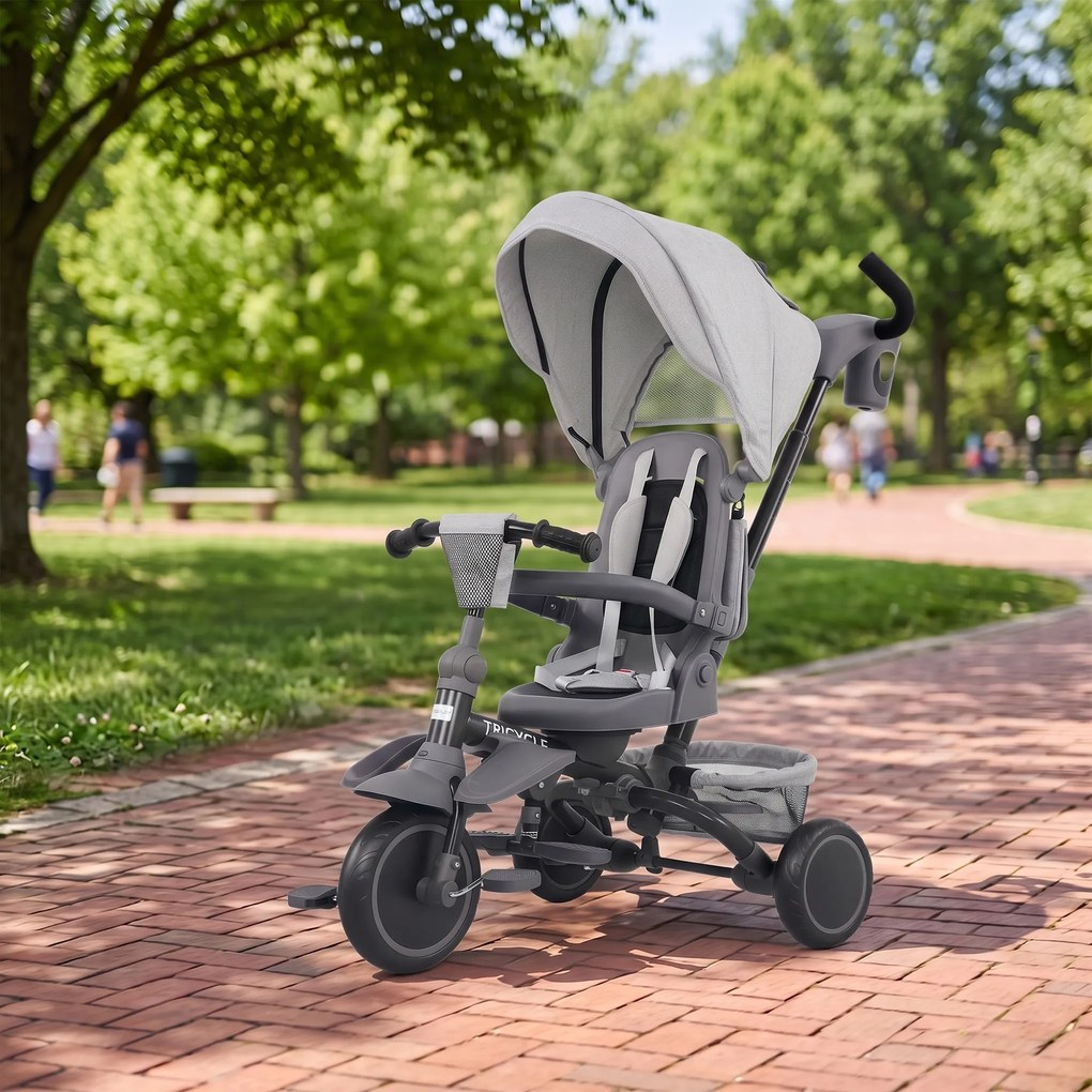 AIYAPLAY Tricicletă Copii 6 în 1, Cărucior și Bicicletă, 1-5 Ani, Max. 25 kg, Pliabilă cu Scaun Rotativ, Copertină, Gri | Aosom Romania