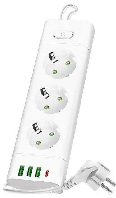 Multipriză LINEA PRO cu întrerupător, 3x 230 V Schuko + 3x USB-A + 1x USB-C, cablu 3 m, alb