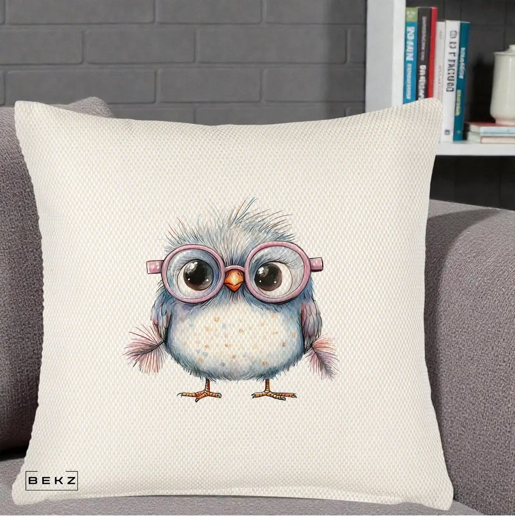Perna Decorativa Pui Pufos cu Ochelari Roz, 40x40 cm, Crem Reliefat, Husa Detasabila, Perna Inclusa, BEKZ®