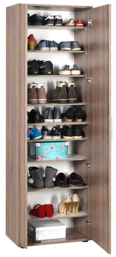 Pantofar Adore Porto, 2 usi reversibile cu oglinda, 10 rafturi, capacitate 28 perechi incaltaminte, Alb / Stejar, 60 x 35 x 187 cm