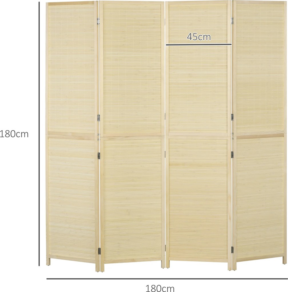 HOMCOM Paravan Interior Pliabil cu 4 Uși, Separator de Cameră din Ratan Bambus, 180x1,6x180 cm, Culoarea Lemnului | Aosom Romania