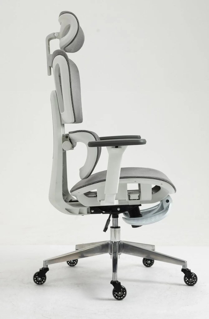RESIGILAT- Scaun ergonomic, suport picioare, tetiera, reglabil, Mesh, Gri/Alb