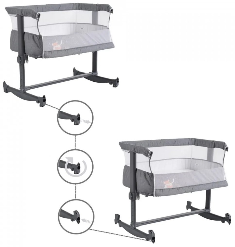 Patut copii transformabil in balansoar bebe NOVOKIDS™ Babies , Design modern, Co-Sleeper , Dimensiuni 90X55X80 cm, 5 trepte de inaltime, Saltea