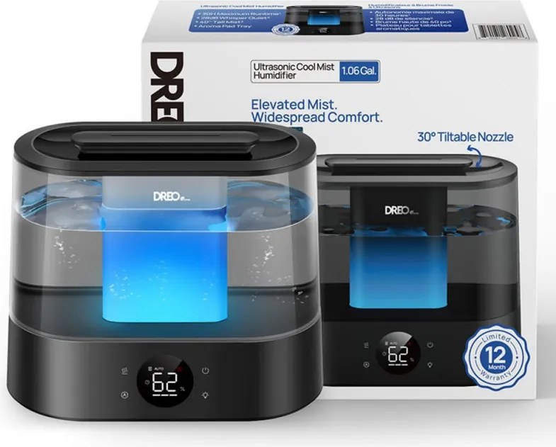 Umidificator cu ultrasunete DREO 420S, până la 25 m², 300 ml/h, 4 L, control automat, mod nocturn, temporizator, LED, negru